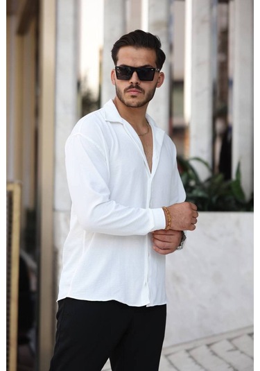 Tex Republic Erkek Beyaz Rahat Kesim Dokulu Oversize Salaş Aerobin Gömlek Beyaz