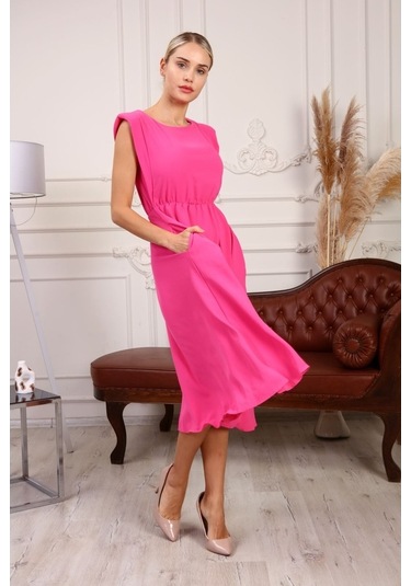 Aymeravm - Beli Büzgülü Kalın Askılı Kadın Elbise - Mas0938Ga