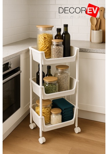 3 Katlı Tekerlekli Plastik Organizer Raf Çok Amaçlı Mutfak, Banyo Ve Ofis Düzenleyici Beyaz Dc-6821 Beyaz