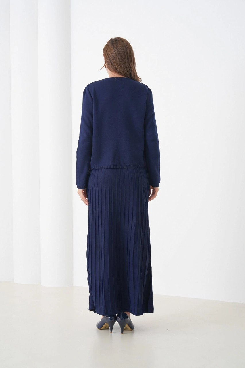 Kadın Pileli Etek Kazağı Düğmeli Tesettüre Uygun Örgü Triko Etekli Ceket Takım Lacivert