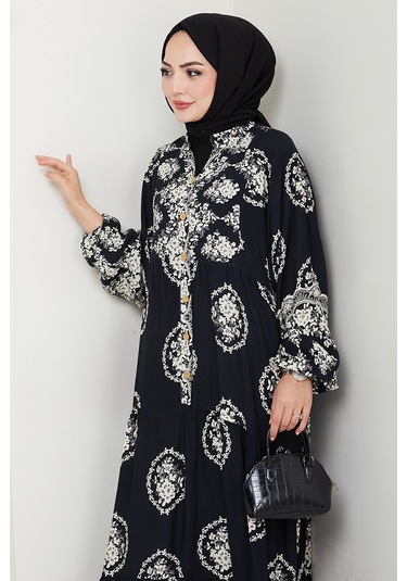 Giral Dokuma Viskon Elbise 1543 - Siyah Siyah