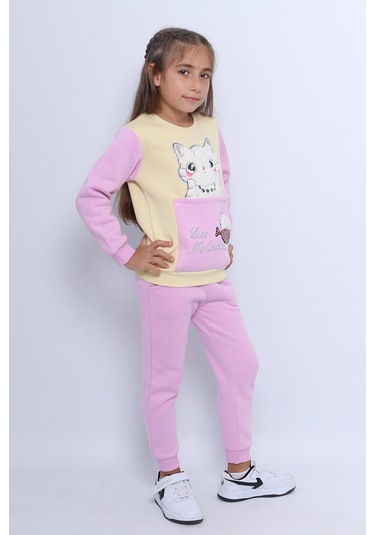 Kız Çocuk 3 İplik Eşofman Takımı Kedi Baskılı E4 LİLA