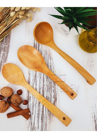 Ahşap Tahta Mutfak Kaşık Seti 3 Parça Kayın, Şimşir Ağacı 3-2