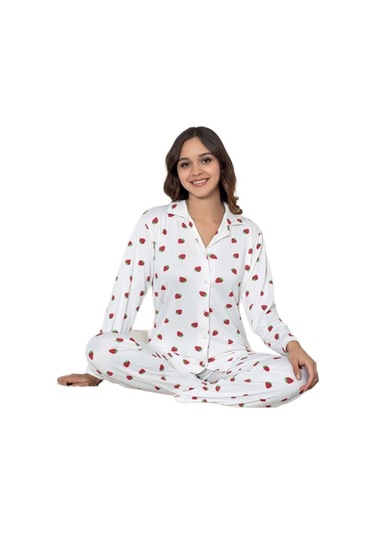 Yaren Collection Pamuklu Kadın Pijama Takımı Uzun Kollu Nefes Ala Beyaz