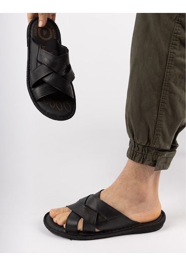 Ayakkabiburada 034 Günlük Tam Ortopedik Hakiki Deri Erkek Terlik Puff Taban Siyah