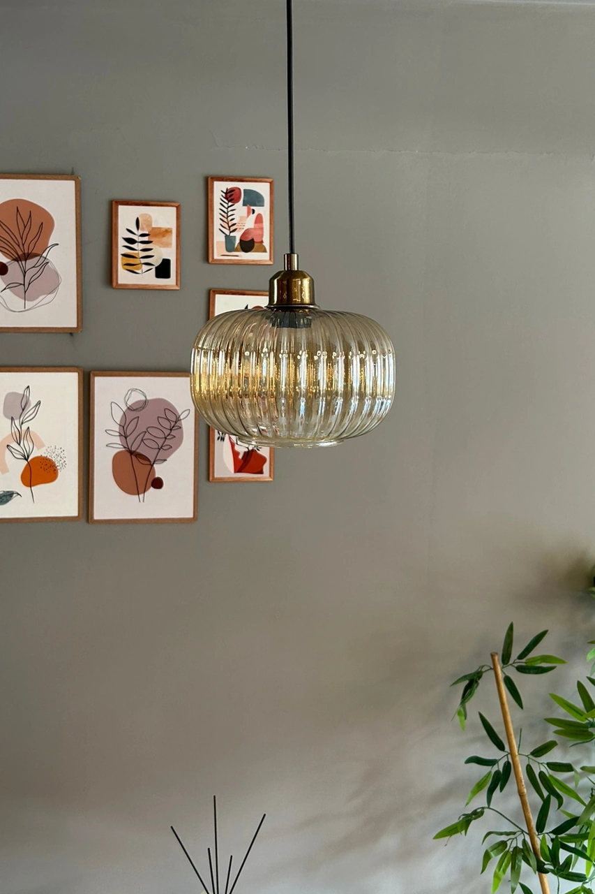 Mola Cam Bal Rengi Tekli Avize Yarım Lale Başlık Retro Sarkıt Lamba Restoran Salon Aydınlatma Bal