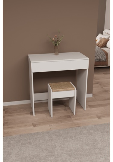 Df02113 Kapaklı Aynalı Bölmeli Puflu Makyaj Masası Beyaz