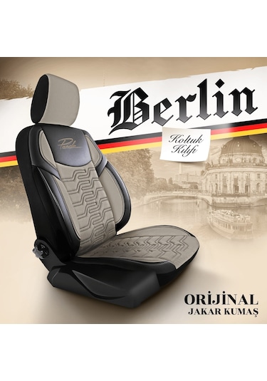 Panda Berlin Serisi Jakar Kumaş Oto Koltuk Kılıfı - Bej - Siyah