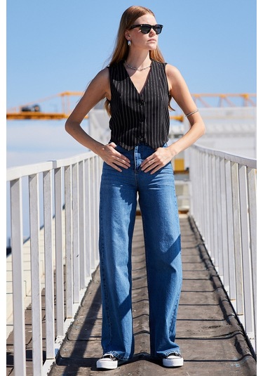 Bigdart 6794 Çizgili Dokuma Yelek - Siyah 001