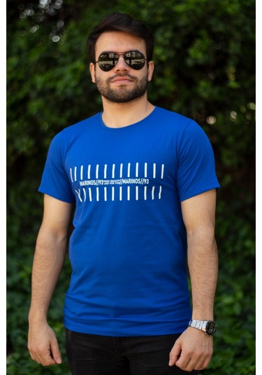 Erkek Mavi Çizgi Baskılı Normal Kesim Bisiklet Yaka Erkek Tişört 22etshmros 001