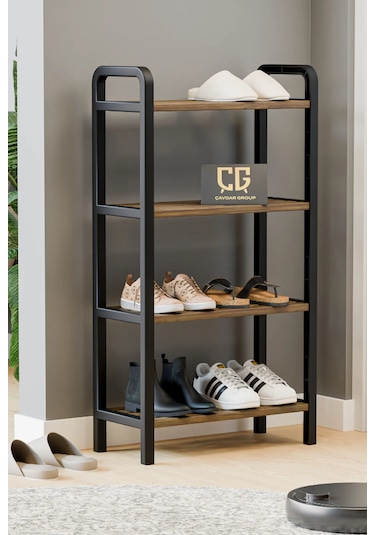 Mega 4 Katlı Ahşap Çubuklu Ayakkabılık 50 Cm Lüks Raf Ünitesi Ceviz