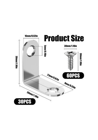 30 Paslanmaz Çelik Köşe Braketi - 90 Derece Metal Köşeler - 30 X 30 Mm - Masalar, Sandalyeler Ve Kitaplıklar İçin 60 Vida Dahil - Gümüş Diğer