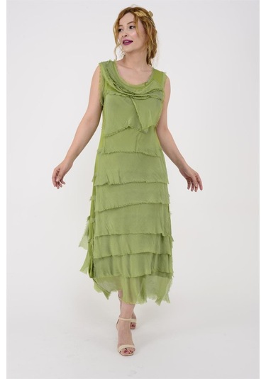 Italyan 2 Beden İnce Gösteren Kat Kat Kolsuz Ipek Elbise Fıstık Yeşili