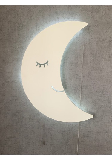 Çocuk Odası Dekoratif Ahşap Ay Gece Lambası Ledli Aydınlatma Beyaz-renkli