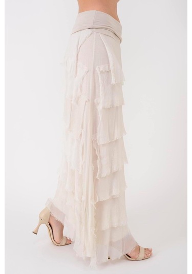 İtalyan 2 Beden Ince Gösteren Kat Kat Ipek Etek & Straplez Elbise Krem