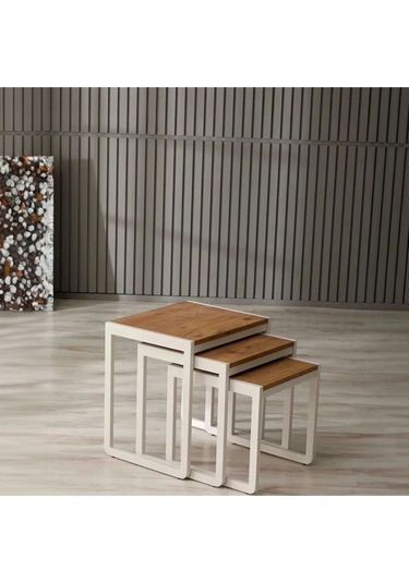 Doğal Ahşap Masif Panel Üçlü Zigon Sehpa Beyaz