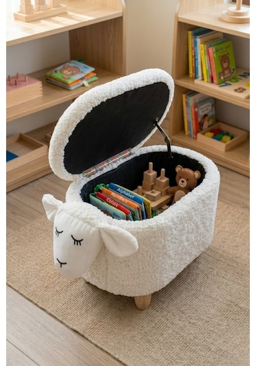 Argimo Mellow Kuzu Figürlü Bebek Çocuk Odası Sandıklı Puf Beyaz