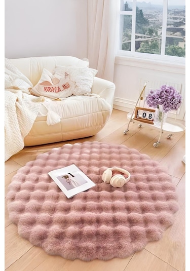 Bubble Yuvarlak Pembe Uzun Tüylü Yumuşak Peluş Kaymaz Yıkanabilir Salon Oturma Odası Balkon Halısı