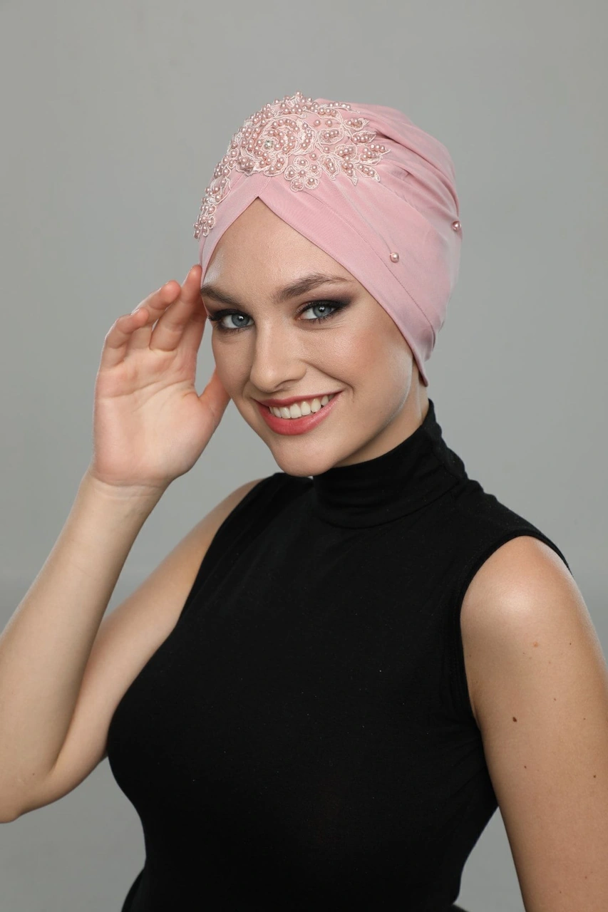 Kopma Astarlı Işlemeli Pudra Gül Motifli Hazır Türban Tesettür Abiye Bone Pudra Gül