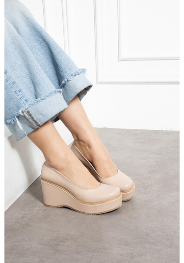 Zenneshoes Helena Dolgu Topuklu Kadın Ayakkabı Ten Cilt