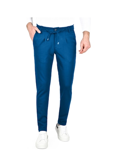 Deepsea Erkek Mavi Beli Lastikli Slim Fit Likralı Duble Paça Penye Spor Pantolon 2502385 Mavi