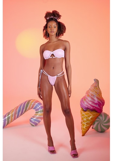Holly Lolly Özel Yapım Parlak Kumaşlı Premium Mia Bikini Üstü Pembe