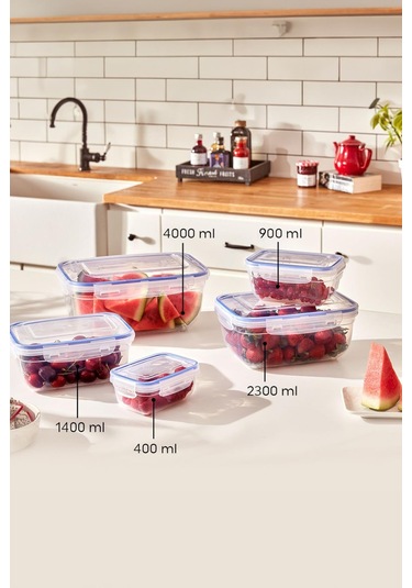 Dikdörtgen 5 Parça Contalı Vakumlu Sızdırmaz Hava Almaz Saklama Kabı Seti 4000/2300/1400/900/400 Ml Şeffaf