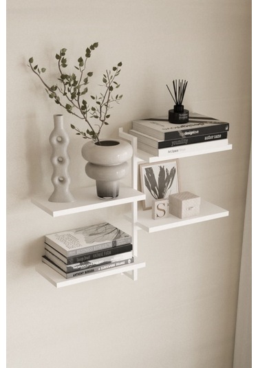 Aju 4 Katlı Duvar Rafı Metal Çerçeveli Dekoratif Kitaplık Ve Raf Ünitesi Modern Tasarım Beyaz