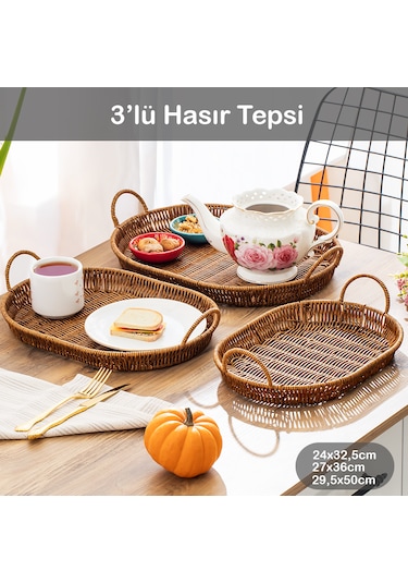 Porsima 708c Oval 3'lü Hasır Tepsi Dekoratif Sunum Servis Tepsisi