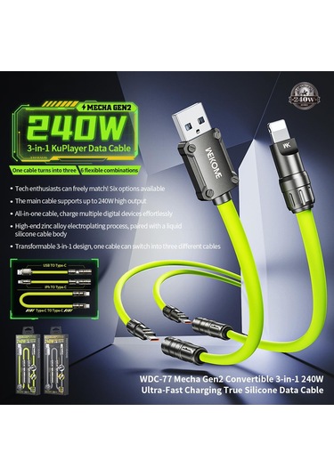 Wk Wdc-77 Convertible 3 İn 1 240w Ultra Hızlı Şarj Gerçek Silikon Veri Kablosu, Arayüz: 1'de 6 Gri