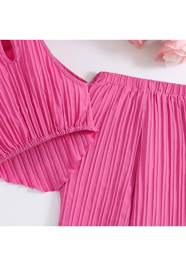 7-12y Kızlar Büyük Kız Takım Elbise Çocuk Yaz Yeni Moda Askılı Boyun Yelek Üst Dalga Şerit Pantolon 2 Adet Kırmızı