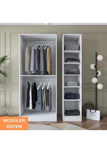 Rani Ba164 Gardırop Elbise Dolabı 3 Kapaklı 6 Raflı 2 Askılı Modüler Dolap Beyaz