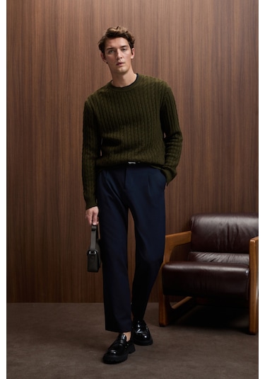 VINTLACE Erkek Yuvarlak Yaka Saç Örgü Desenli Regular Fit Triko Haki Kazak