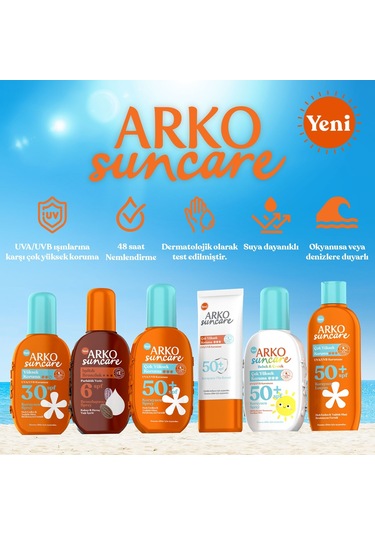 Arko Suncare Yüksek Korumalı Vücut Güneş Spreyi SPF30+ 200 ML + Bronzlaştırıcı Güneş Yağı SPF6 220 ML + Çanta