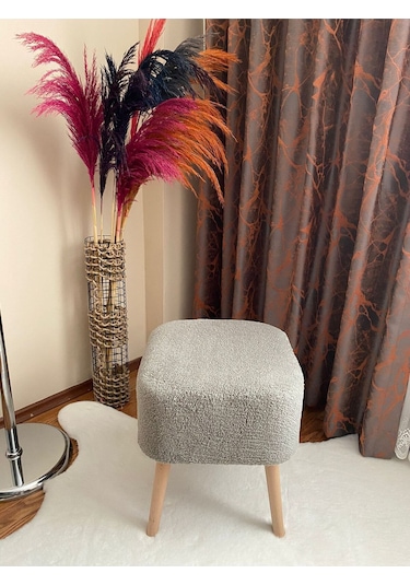 Kare Kesim Ahşap Ayaklı Teddy Kumaş Dekoratif Gri Renk Puf