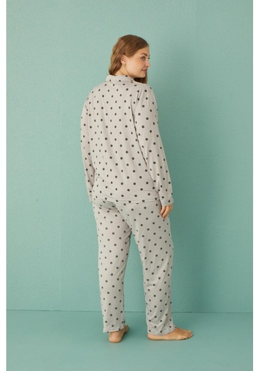 Kadın 50801-116 Büyük Beden Önü Düğmeli Pijama Takımı Gri Gri