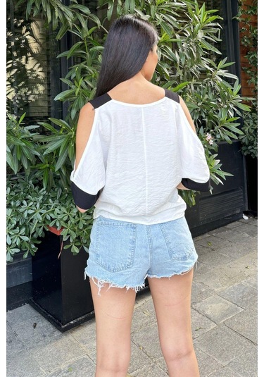 Kadın Ekru Omuz Dekolteli Kısa Kol, Salaş Keten Bluz Ekru