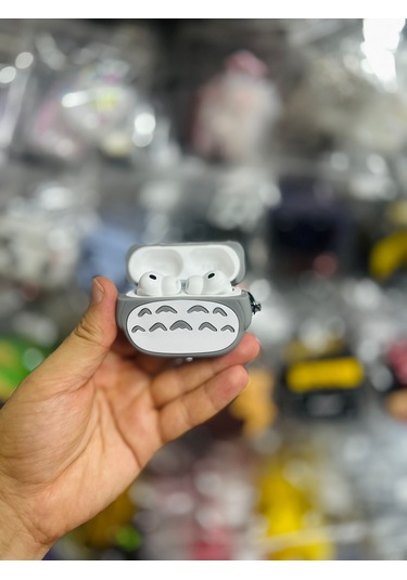 Apple Airpods Pro 3. Nesil 2025 Uyumlu Figürlü Silikon Kılıf Anahtarlıklı Kılıf Gri - Beyaz