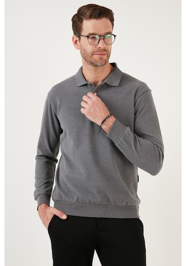 Buratti Pamuk Karışımlı Regular Fit Erkek Polo Yaka Kazak 456223 Koyu Gri