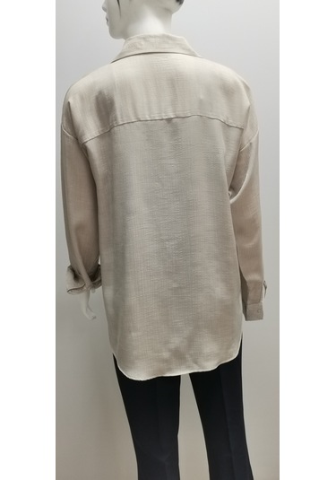 Kadın Uzun Kollu Salaş Parlak Simli Kumaş Pamuk Gömlek Bej
