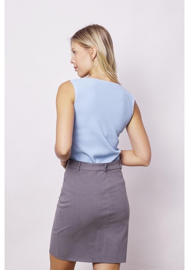 Kadın Cep Detaylı Diz Üstü Hafif Likralı Pamuklu Kumaş Kalem Etek-koyu Gri K.gri