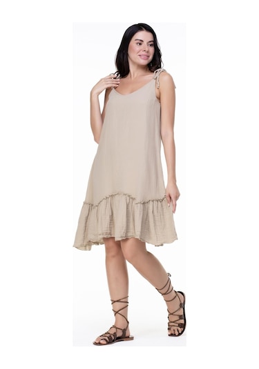 Askılı Müslin Serra Volanlı Kısa Elbise Vizon Vzn-vizon