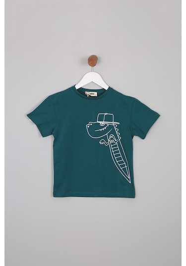 Luess Dinazor Baskılı Regular Fit Kısa Kollu Erkek Çocuk Tişört  Yeşil