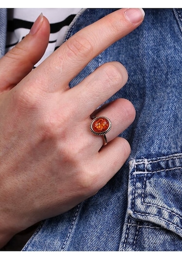 Doğal Taşlı Kehribar Ayarlanabilir Yüzük Orta Boy