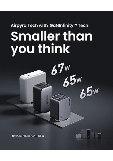 Ugreen Nexode Pro 65 W QC PD 2xUSB-C 1xUSB-A Gan Hızlı Şarj Cihazı Uzay Grisi