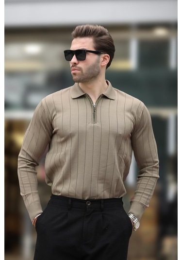 Madmext Açık Kahverengi Polo Yaka Fermuarlı Örme Kazak 7242 Açık Kahverengi