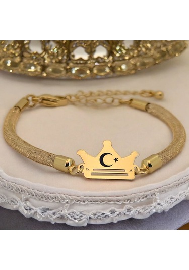 Archin Ay Yıldız Temalı 14 Ayar Altın Plakalı Hasır Kordonlu Taç Figürlü Hediye Bileklik-464sembol Türkiye Bayrağı