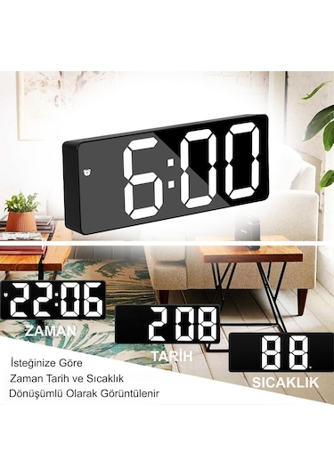 HyMark LED Ekran USB Güç Dijital Aynalı Masa Saati Sıcaklık Alarm Takvim/ADPT