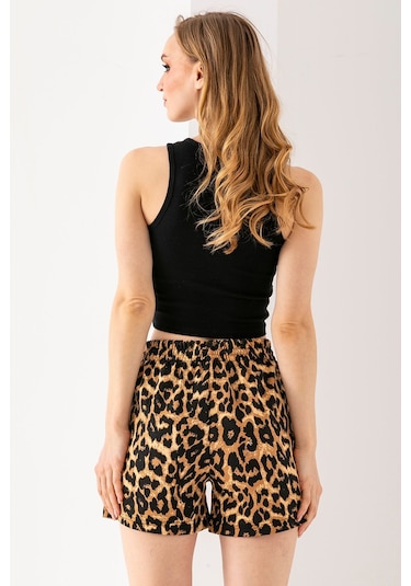 Giysa Kadın Beli Ayarlanabilir Çift Cepli Desenli Şort Leopar - 10047 Leopar