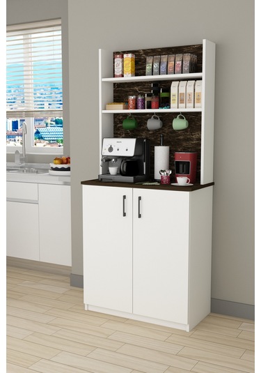 %100 Mdflam Kahve Köşesi Çok Amaçlı Mutfak Dolabı Kahve01 Beyaz - Siyah Taş Beyaz - Siyah Taş